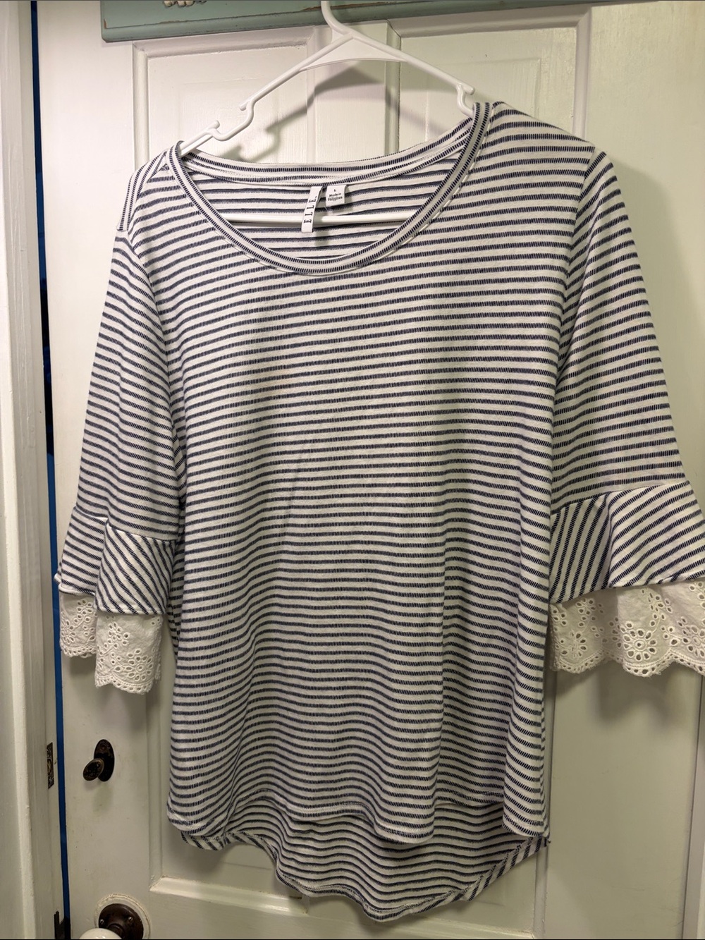 Elle Navy & White Striped Long-Sleeve Top with Eyelet Trim